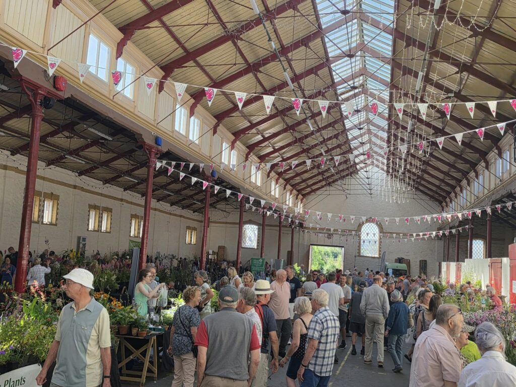 Visitors beneath the high roof and ironwork of South Molton Pannier Market