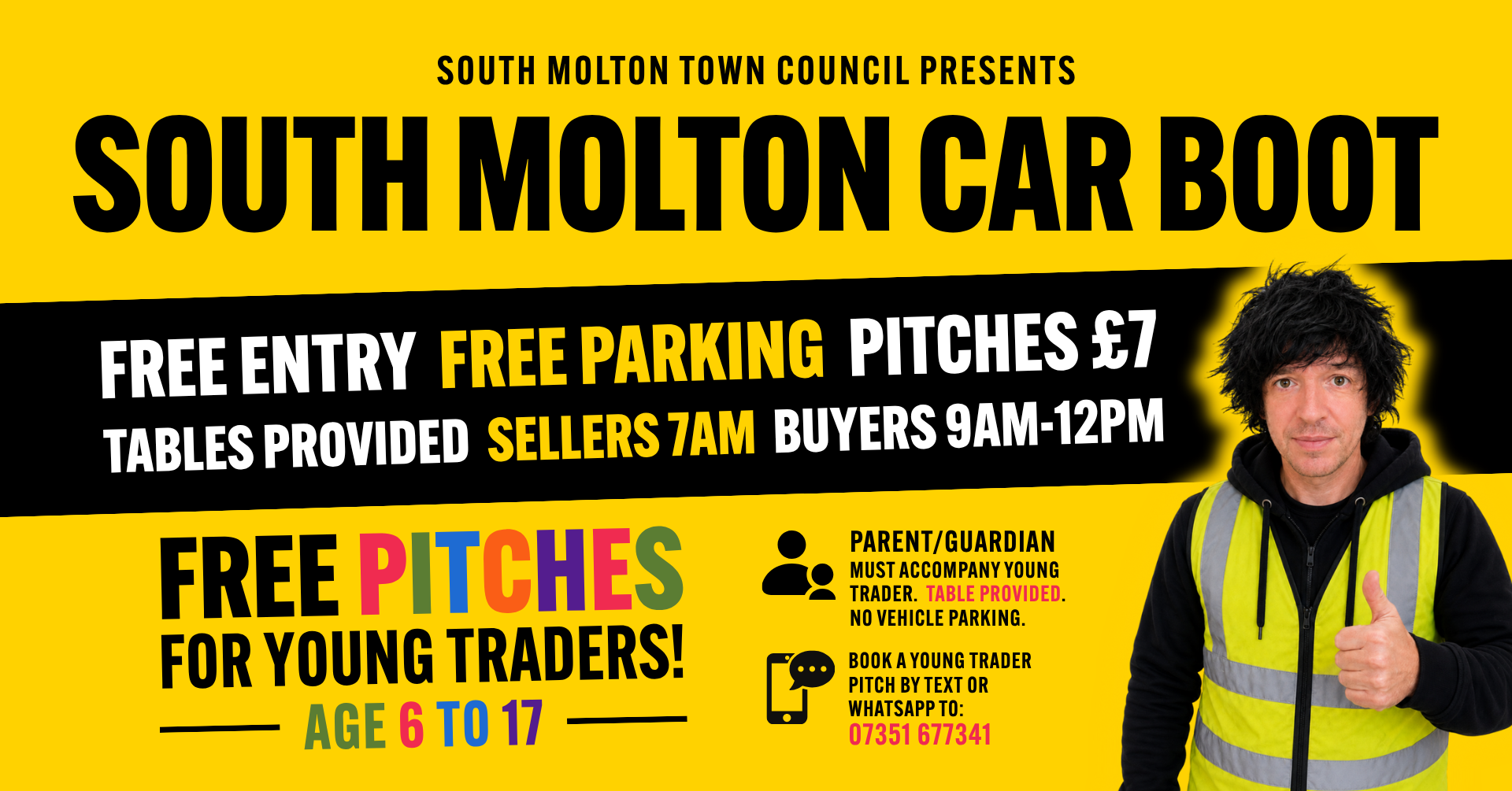 Car boot poster advertising free Young Trader pitches for ages 6–17, with an accompanying parent or guardian and advance booking required